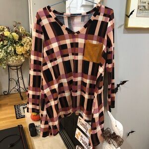 Plaid Checkered Asymmetrical Faux Suede Elbow Patch Tunic Blouse Shirt Top